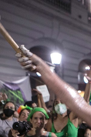 Pro-choice protesters dance outside the National Congress as senators decide on the legalization of abortion on December 30, 2020 in Buenos Aires, Argentina. Photo by Ricardo Ceppi/Getty Images