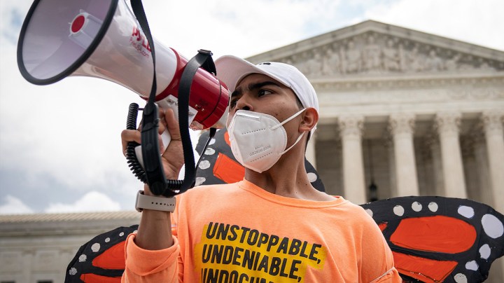 DACA recipients and their supporters rally outside the U.S. Supreme Court on June 18, 2020 in Washington, DC. Photo by Drew Angerer/Getty Images