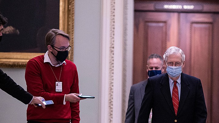 U.S. Senate Majority Leader Mitch McConnell (R-KY) arrives on Capitol Hill on December 20, 2020 in Washington, DC. Photo by Tasos Katopodis/Getty Images