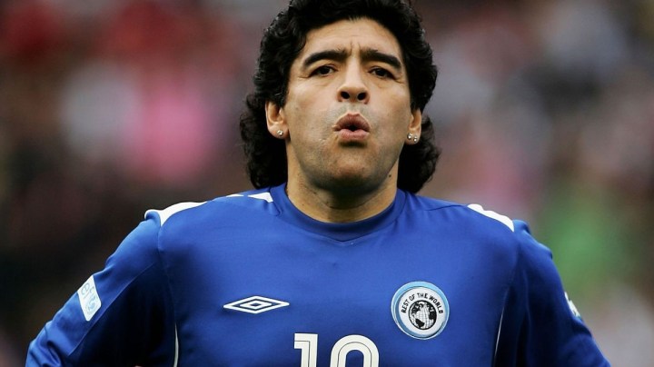 Diego Maradona of the Rest of the World during the Soccer Aid football match, which sees an England team (captained by Robbie Williams) take on the Rest of World team (captained by Gorden Ramsay) in aid of UNICEF, at the Old Trafford football ground on May 27, 2006 in Manchester, England. Photo by Matthew Lewis/Getty Images
