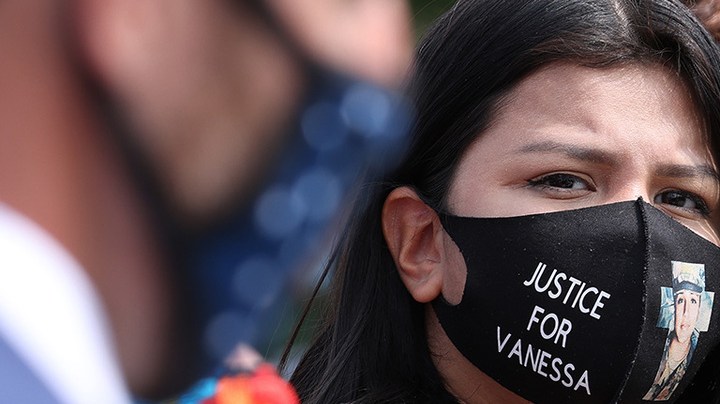 Lupe Guillen, sister of 20-year-old murder victim U.S. Army Private First Class Vanessa Guillen, speaks outside the U.S. Capitol as her mother Gloria looks on September 16, 2020 in Washington, DC. Photo by Win McNamee/Getty Images