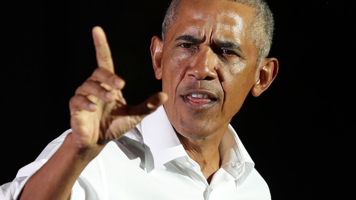 Former President Barack Obama speaks in support of Democratic presidential nominee Joe Biden during a drive-in rally at the Florida International University on November 02, 2020 in Miami, Florida. Photo by Joe Raedle/Getty Images