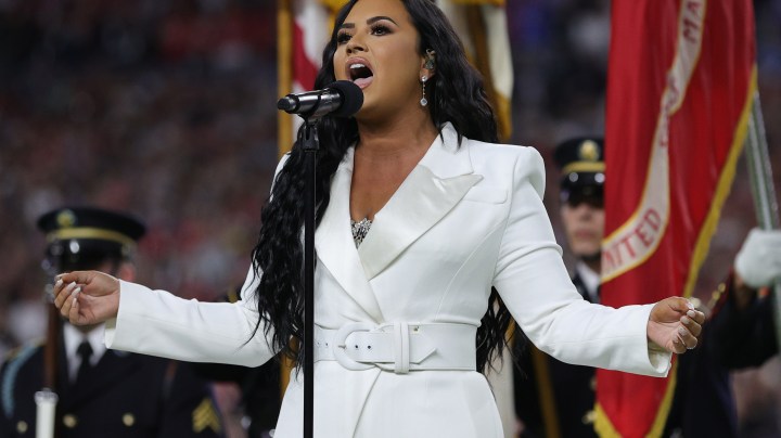 Singer Demi Lovato performs the national anthem prior to Super Bowl LIV between the San Francisco 49ers and the Kansas City Chiefs at Hard Rock Stadium on February 02, 2020 in Miami, Florida. Photo by Tom Pennington/Getty Images