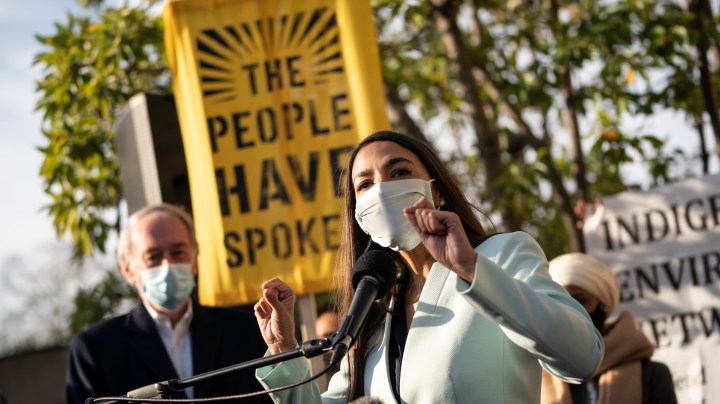 WASHINGTON, DC - NOVEMBER 19: U.S. Rep. Alexandria Ocasio-Cortez (D-NY) speaks outside of the Democratic National Committee headquarters on November 19, 2020 in Washington, DC. Rep. Ocasio-Cortez and others called on the incoming administration of President-elect Joe Biden to take bold action on issues of climate change and economic inequalities. (Photo by Drew Angerer/Getty Images)