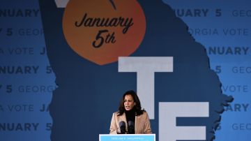 SAVANNAH, GEORGIA - JANUARY 03: Vice President-elect Kamala Harris speaks during a drive-in rally at Garden City Stadium on January 03, 2021 in Savannah, Georgia. Vice President-elect Kamala Harris joined Georgia Democratic Senate candidates Rev. Raphael Warnock and Jon Ossoff for a campaign event two days before the January 5th runoff election that has implications into which party controls the U.S. Senate. According to AJC, 3 million people have already casted their votes ahead of Tuesday's election. (Photo by Michael M. Santiago/Getty Images)