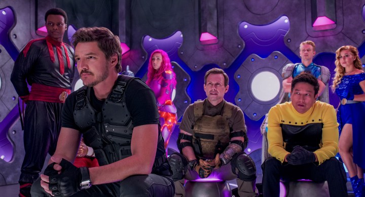 We Can Be Heroes: J. Quinton Johnson as Twins Dad, Pedro Pascal as Marcus Moreno, Taylor Dooley as Lavagirl, Christian Slater as Tech-No Tarlizzo, Sung Kang as Blinding Fast, Boyd Holbrook as Miracle Guy, Haley Reinhart as Ms. Vox in We Can Be Heroes. Cr. NETFLIX © 2020