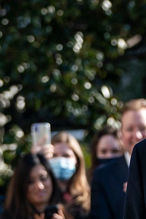 U.S. President Donald Trump turns to reporters as he exits the White House to walk toward Marine One on the South Lawn on January 12, 2021 in Washington, DC. Photo by Drew Angerer/Getty Images.