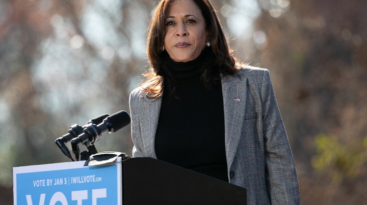 Vice President-elect Kamala Harris campaigns in support of Georgia Democratic Senate candidates Rev. Raphael Warnock and Jon Ossoff during a drive-in rally at Bibb Mill Event Center on December 21, 2020 in Columbus, Georgia. Photo by Jessica McGowan/Getty Images