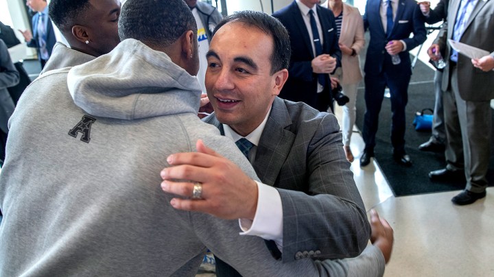 Minnesota Timberwolves new president of basketball operations Gersson Rosas was greeted by some of the Timberwolves players after a press conference at the Target Center. (Photo by Elizabeth Flores/Star Tribune via Getty Images)