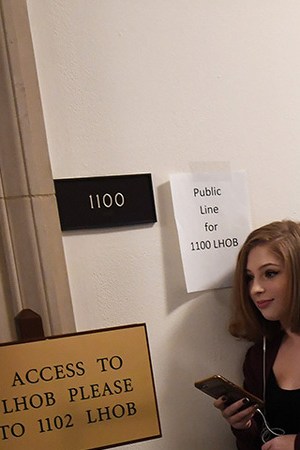 Congressional intern, Sydni Nadler, left, waits in line with others prior to a House Judiciary Committee Impeachment Inquiry hearing at the Longworth House Office Building on Wednesday December 04, 2019 in Washington, DC. Photo by Matt McClain/The Washington Post via Getty Images