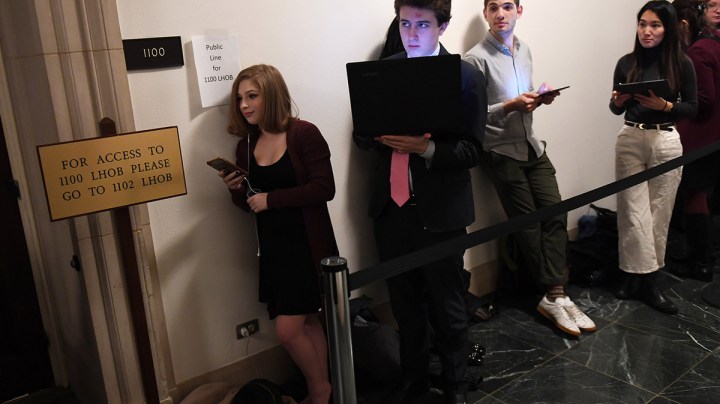 Congressional intern, Sydni Nadler, left, waits in line with others prior to a House Judiciary Committee Impeachment Inquiry hearing at the Longworth House Office Building on Wednesday December 04, 2019 in Washington, DC. Photo by Matt McClain/The Washington Post via Getty Images