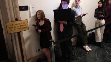 Congressional intern, Sydni Nadler, left, waits in line with others prior to a House Judiciary Committee Impeachment Inquiry hearing at the Longworth House Office Building on Wednesday December 04, 2019 in Washington, DC. Photo by Matt McClain/The Washington Post via Getty Images