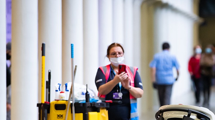 An Eco Bot 50 robot cleans and disinfects surfaces simultaneously with an automated scrubber dryer at St Pancras International, London as it is the first train station in the world to utilise high-tech cleaning robots to help eradicate viruses throughout the historical landmark's concourse and facilities. Photo by Aaron Chown/PA Images via Getty Images