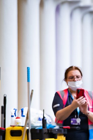 An Eco Bot 50 robot cleans and disinfects surfaces simultaneously with an automated scrubber dryer at St Pancras International, London as it is the first train station in the world to utilise high-tech cleaning robots to help eradicate viruses throughout the historical landmark's concourse and facilities. Photo by Aaron Chown/PA Images via Getty Images