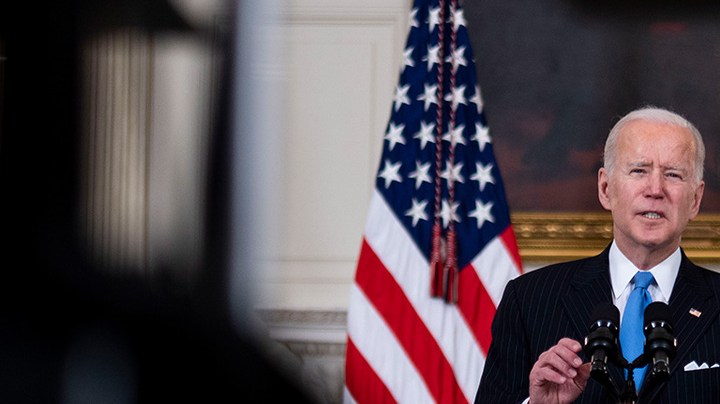 U.S. President Joe Biden speaks in the State Dining Room of the White House on March 2, 2021 in Washington, DC. Photo by Doug Mills-Pool/Getty Images