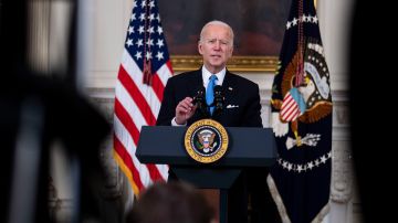 U.S. President Joe Biden speaks in the State Dining Room of the White House on March 2, 2021 in Washington, DC. Photo by Doug Mills-Pool/Getty Images