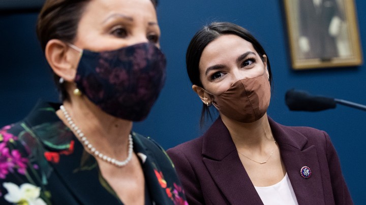 Reps. Alexandria Ocasio-Cortez, D-N.Y., right, and Nydia Velazquez, D-N.Y., conduct a news conference to introduce the bicameral Puerto Rico Self-Determination Act of 2021 in Rayburn Building on Thursday, March 18, 2021. Photo By Tom Williams/CQ-Roll Call, Inc via Getty Images