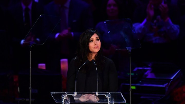 Kobe Bryant's wife Vanessa Bryant speaks during the "Celebration of Life for Kobe and Gianna Bryant" service at Staples Center in Downtown Los Angeles on February 24, 2020. Photo by FREDERIC J. BROWN/AFP via Getty Images