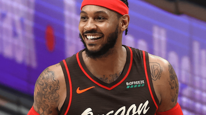 Carmelo Anthony #00 of the Portland Trail Blazers reacts in the fourth quarter against the Golden State Warriors at Moda Center on March 03, 2021 in Portland, Oregon. Photo by Abbie Parr/Getty Images