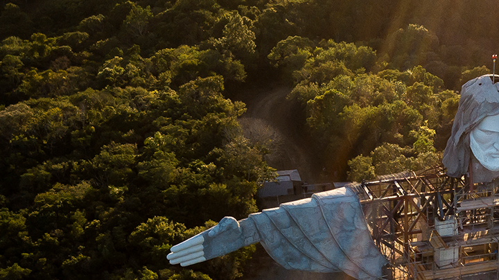 Aerial view of the Christ The Protector Statue and the Valle de Taquari on April 20, 2021 in Encantado, Brazil. Photo by Buda Mendes/Getty Images