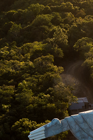 Aerial view of the Christ The Protector Statue and the Valle de Taquari on April 20, 2021 in Encantado, Brazil. Photo by Buda Mendes/Getty Images