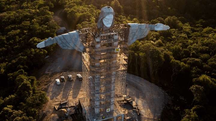 Aerial view of the Christ The Protector Statue and the Valle de Taquari on April 20, 2021 in Encantado, Brazil. Photo by Buda Mendes/Getty Images