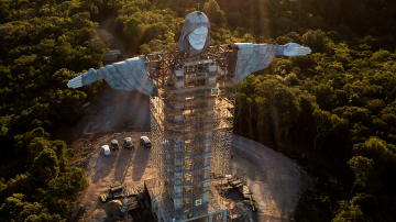 Aerial view of the Christ The Protector Statue and the Valle de Taquari on April 20, 2021 in Encantado, Brazil. Photo by Buda Mendes/Getty Images