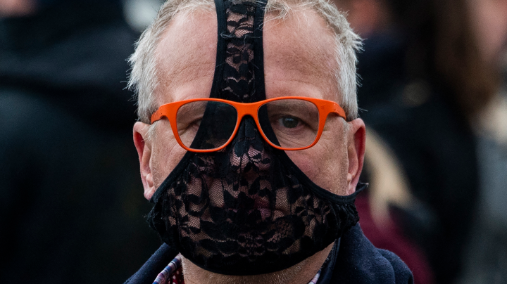 A protestor wearing panties instead of a face protection mask takes part in a demonstration in Berlin, on April, 13, 2021, as anti-lockdown critics and so-called 'Querdenker' gathered outside the German parliament, amid the coronavirus (Covid-19) pandemic. Photo by JOHN MACDOUGALL/AFP via Getty Images