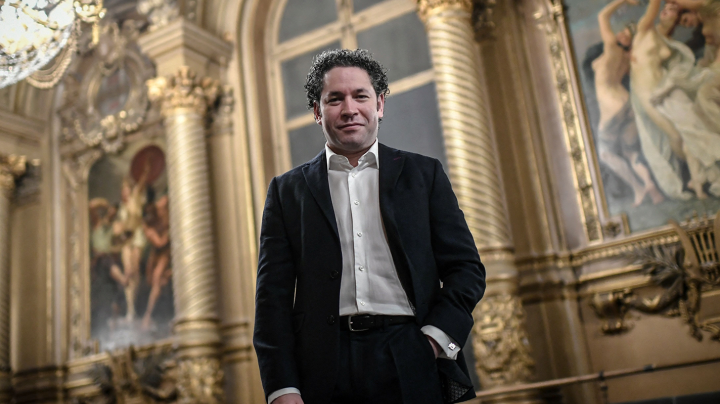 Venezuelan conductor and director of Los Angeles' Philharmonic Orchestra Gustavo Dudamel, newly appointed Paris Opera's music director, poses during a photo session at the Palais Garnier in Paris on April 15, 2021. Photo by STEPHANE DE SAKUTIN/AFP via Getty Images