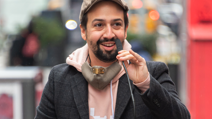 Lin-Manuel Miranda attends the opening of a vaccination center for Broadway workers in Times Square on April 12, 2021 in New York City. Photo by Noam Galai/Getty Images