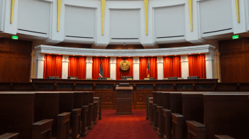 The Colorado Supreme Court courtroom, located on the fourth floor of the Ralph L. Carr Colorado Judicial Center, located at 2 East 14th Avenue in Denver, Colorado. Photo by Jeffrey Beall/Wikimedia Commons