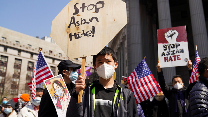 People rally to protest against anti-Asian hate crimes on Foley Square in New York, the United States, April 4, 2021. Photo by Wang Ying/Xinhua via Getty) (Xinhua/Wang Ying via Getty Images