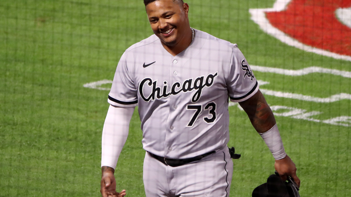 Yermin Mercedes #73 of the Chicago White Sox reacts after his RBI double against the Los Angeles Angels during the ninth inning at Angel Stadium of Anaheim on April 02, 2021 in Anaheim, California. Photo by Katelyn Mulcahy/Getty Images