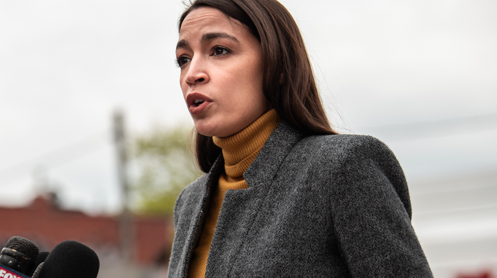 Representative Alexandria Ocasio Cortez (D-NY) speaks at a press conference at Corona Plaza in Queens on April 14, 2020 in New York City. Photo by Scott Heins/Getty Images