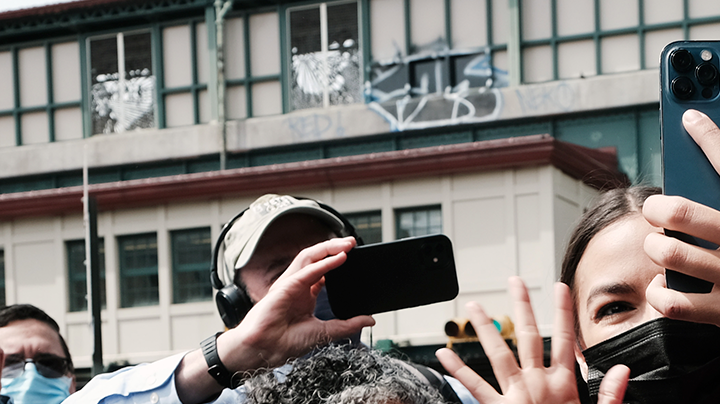 Representative Alexandria Ocasio-Cortez (D-NY) is joined by New York Mayor Bill de Blasio as they visit a mobile vaccination site in the Bronx on Friday afternoon on May 07, 2021 in New York City. Photo by Spencer Platt/Getty Images