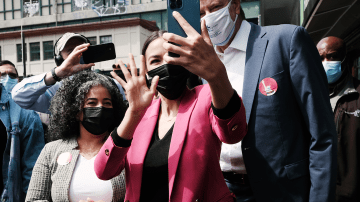 Representative Alexandria Ocasio-Cortez (D-NY) is joined by New York Mayor Bill de Blasio as they visit a mobile vaccination site in the Bronx on Friday afternoon on May 07, 2021 in New York City. Photo by Spencer Platt/Getty Images