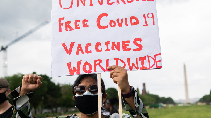 Demonstrators hold a rally to "Free the Vaccine," calling on the US to commit to a global coronavirus vaccination plan that includes sharing vaccine formulas with the world to help ensure that every nation has access to a vaccine, on the National Mall in Washington, DC, May 5, 2021. Photo by SAUL LOEB/AFP via Getty Images