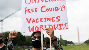Demonstrators hold a rally to "Free the Vaccine," calling on the US to commit to a global coronavirus vaccination plan that includes sharing vaccine formulas with the world to help ensure that every nation has access to a vaccine, on the National Mall in Washington, DC, May 5, 2021. Photo by SAUL LOEB/AFP via Getty Images