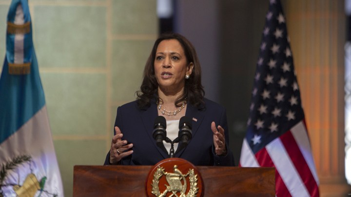 Vice President of the United States Kamala Harris speaks during a joint press conference held with President of Guatemala Alejandro Giammattei (not seen) at the National Palace of Culture, Guatemala City, Guatemala on June 07, 2021. Photo by Luis Vargas/Anadolu Agency via Getty Images