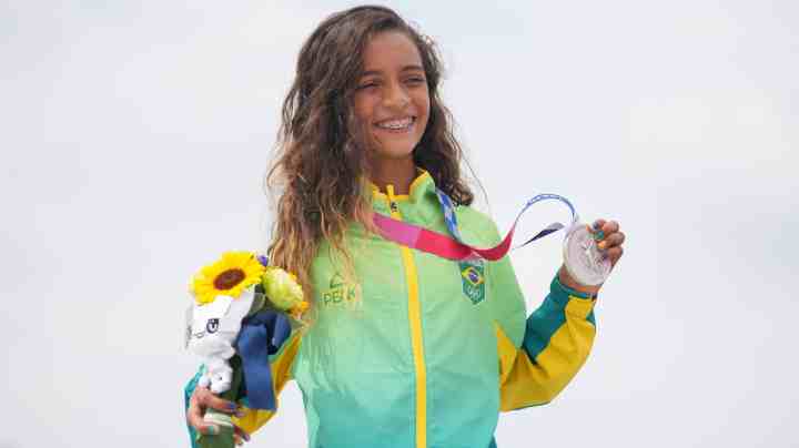 Rayssa Leal of Brazil poses for photo at the awarding ceremony of Tokyo 2020 women's street of skateboarding in Tokyo, Japan, July 26, 2021. (Photo by Li Ga/Xinhua via Getty Images)