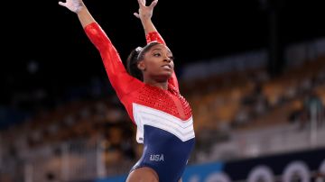 TOKYO, JAPAN - JULY 27: Simone Biles of Team United States competes on vault during the Women's Team Final on day four of the Tokyo 2020 Olympic Games at Ariake Gymnastics Centre on July 27, 2021 in Tokyo, Japan. (Photo by Laurence Griffiths/Getty Images)