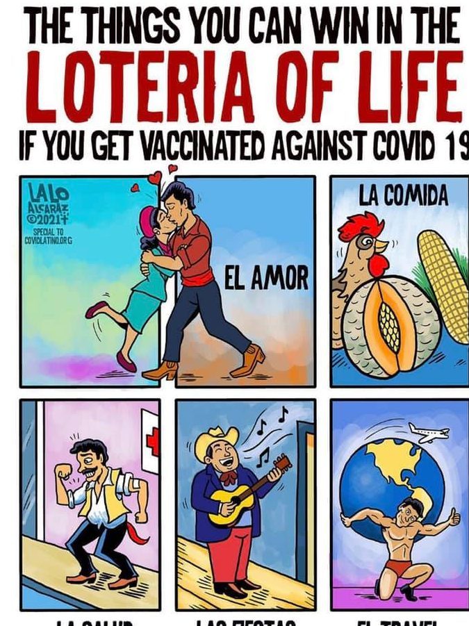 Lalo Alcatrez loteria style cards encouraging vaccinations against COVID-19.