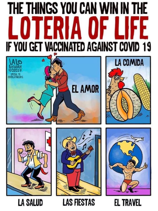 Lalo Alcatrez loteria style cards encouraging vaccinations against COVID-19.