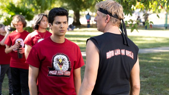 COBRA KAI (L to R) XOLO MARIDUEÑA as MIGUEL DIAZ and WILLIAM ZABKA as JOHNNY LAWRENCE in episode 308 of COBRA KAI
