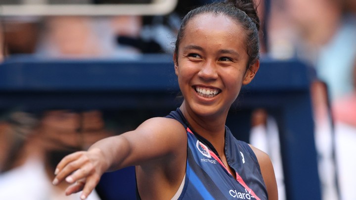 Leylah Fernandez of Canada celebrates after defeating Elina Svitolina of Ukraine during her Women's Singles quarterfinals match.