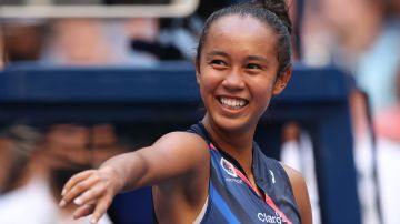Leylah Fernandez of Canada celebrates after defeating Elina Svitolina of Ukraine during her Women's Singles quarterfinals match.