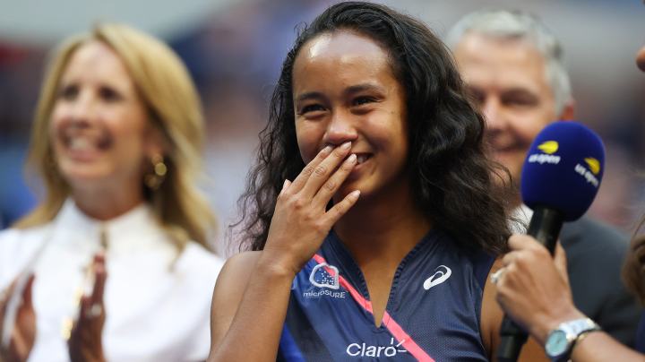 Leylah Annie Fernandez of Canada reacts during the trophy ceremony after being defeated by Emma Raducanu of Great Britain during their Women's Singles final match on Day Thirteen of the 2021 US Open at the USTA Billie Jean King National Tennis Center on September 11, 2021 in the Flushing neighborhood of the Queens borough of New York City.