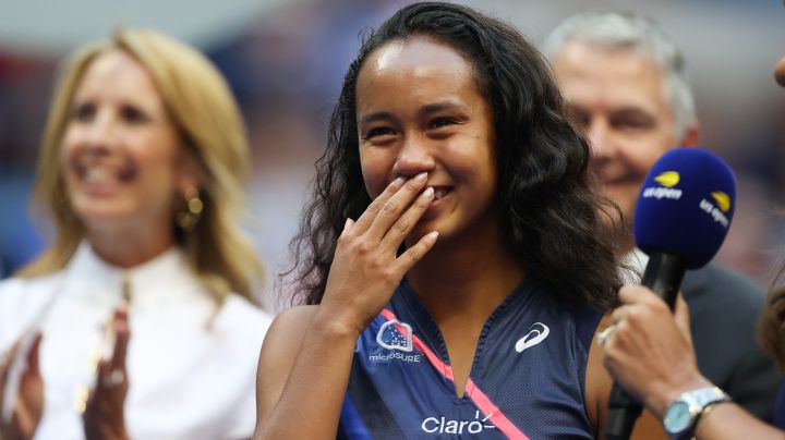 Leylah Annie Fernandez of Canada reacts during the trophy ceremony after being defeated by Emma Raducanu of Great Britain during their Women's Singles final match on Day Thirteen of the 2021 US Open at the USTA Billie Jean King National Tennis Center on September 11, 2021 in the Flushing neighborhood of the Queens borough of New York City.