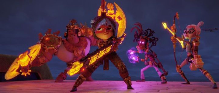 MAYA AND THE THREE (L to R) GABRIEL IGLESIAS as PICCHU, ZOE SALDAÑA as PRINCESS MAYA, ALLEN MALDONADO as RICO and STEPHANIE BEATRIZ as CHIMI in MAYA AND THE THREE