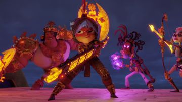 MAYA AND THE THREE (L to R) GABRIEL IGLESIAS as PICCHU, ZOE SALDAÑA as PRINCESS MAYA, ALLEN MALDONADO as RICO and STEPHANIE BEATRIZ as CHIMI in MAYA AND THE THREE